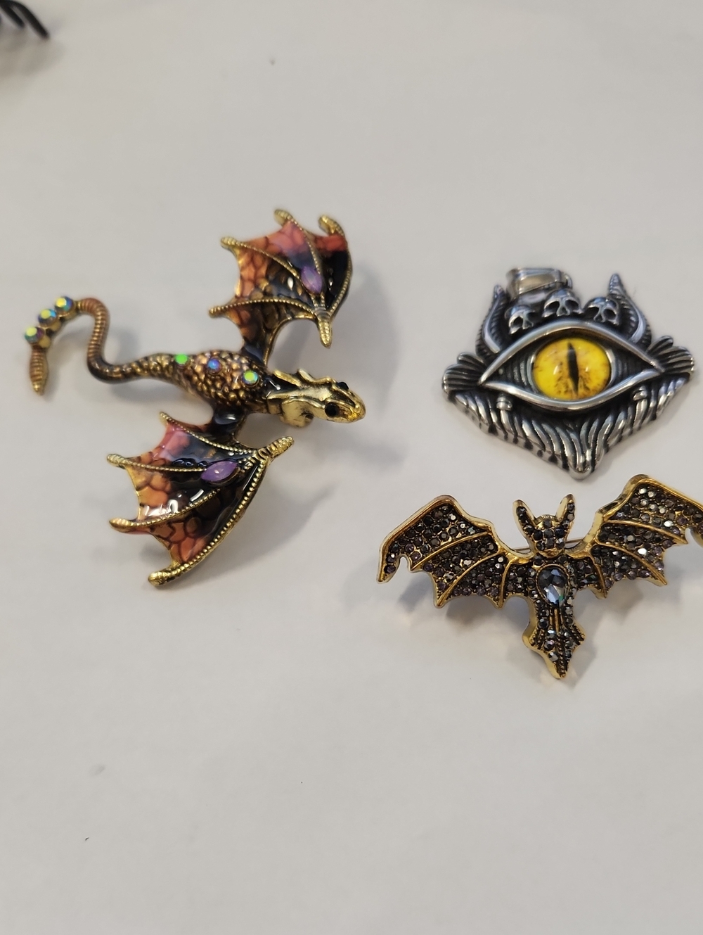 Dragon & Bat Brooch Set with Yellow Eye Pin